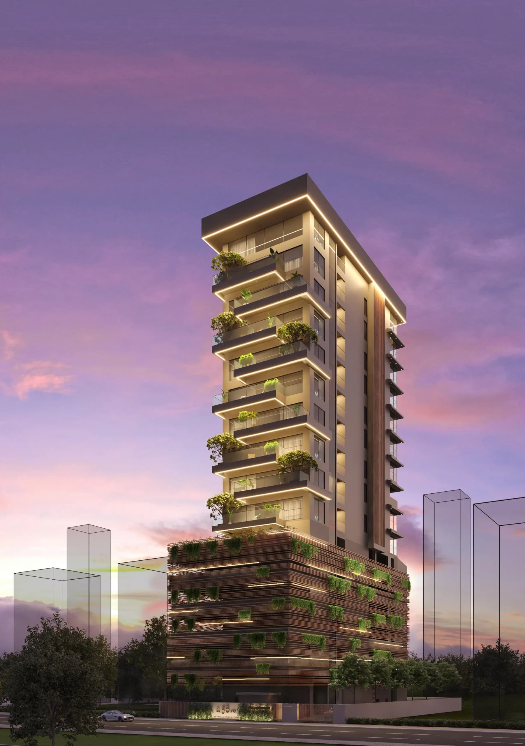 High-rise residential tower at dusk, architectural visualization by 360 Space