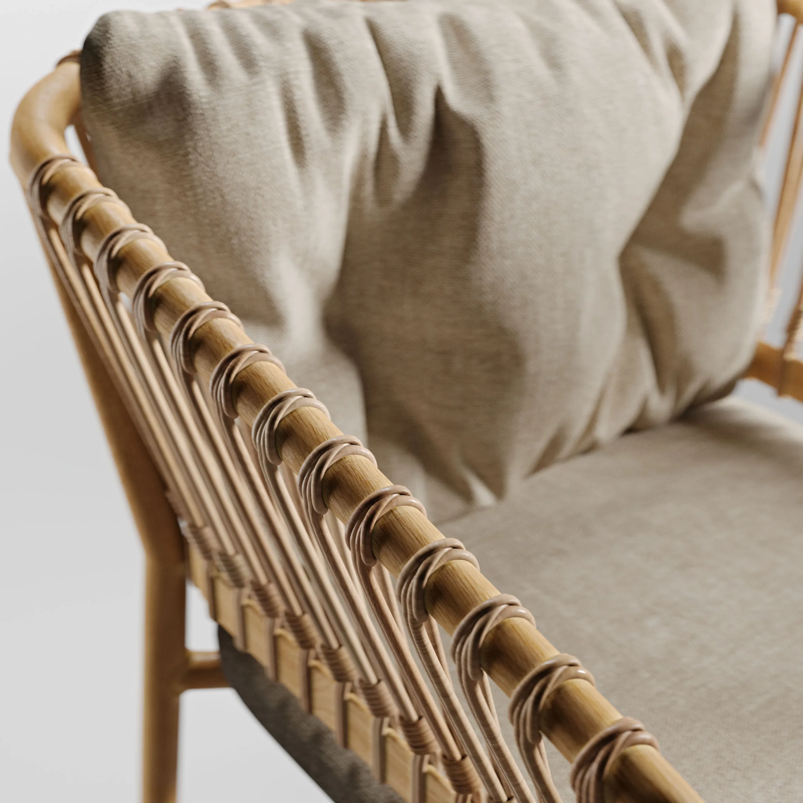 Close-up furniture render showing fabric and stitching