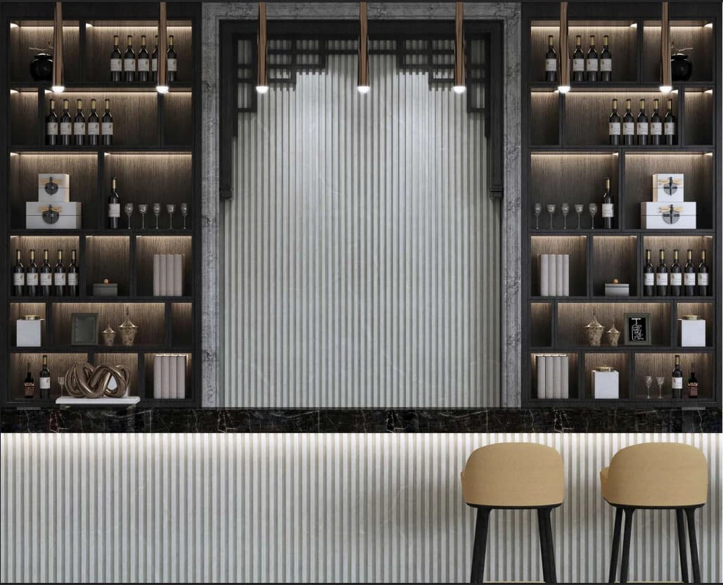 Pare fluted panel behind a bar