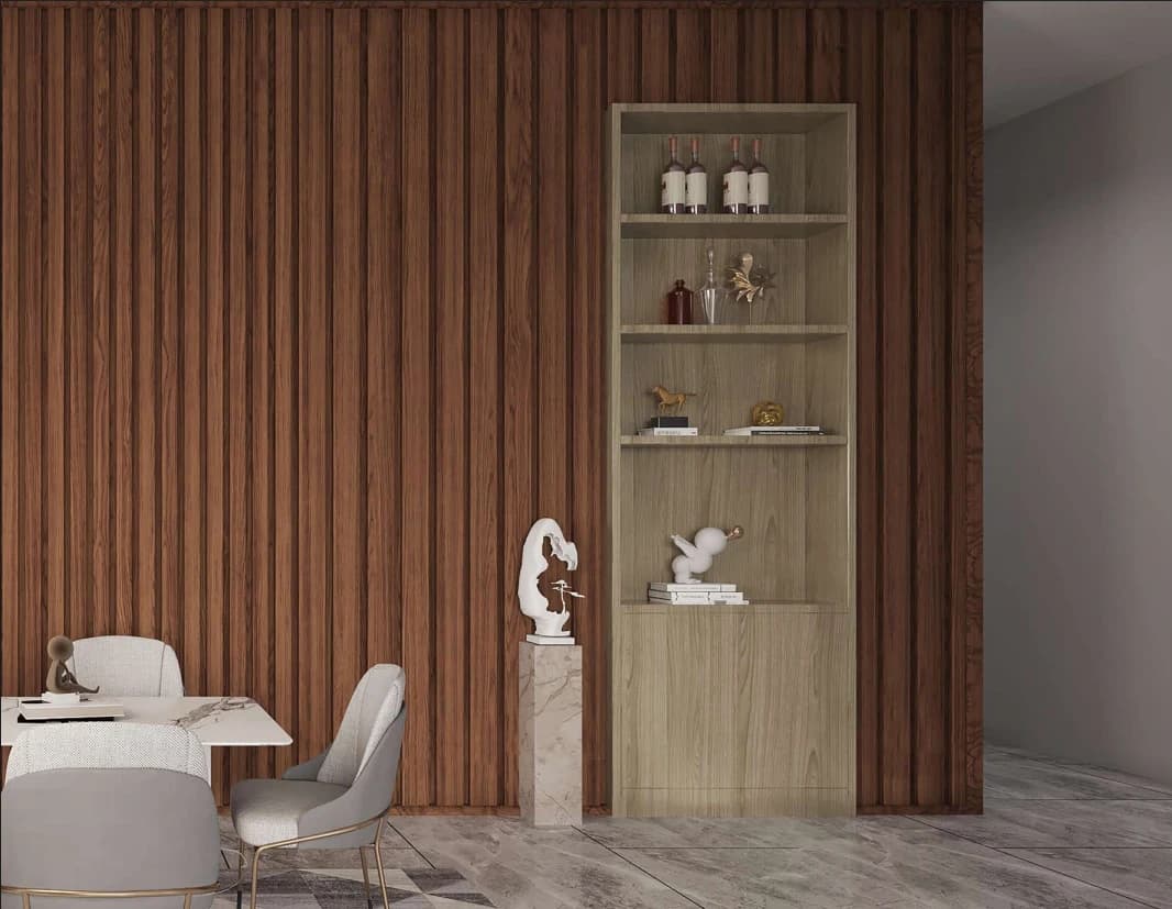 Pare slat wall panels with display niche in a reception