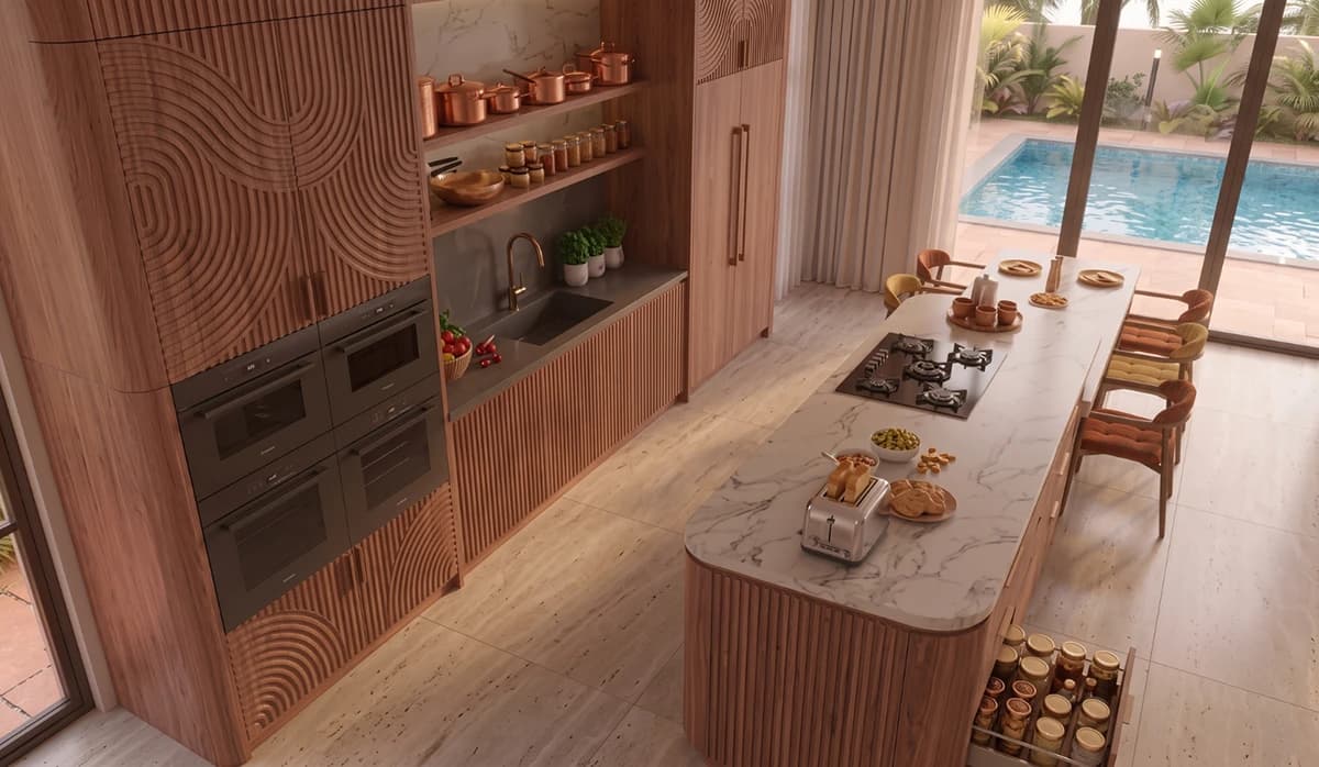 Close view of RelWood carved panels in a kitchen