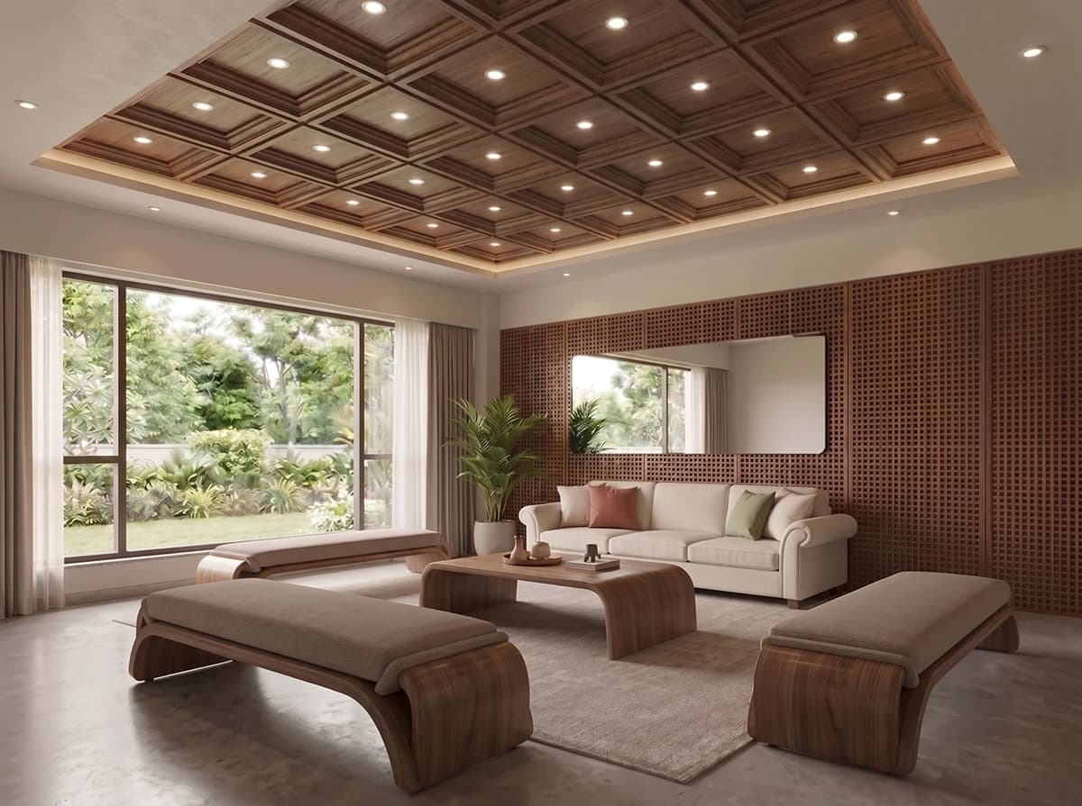 RelWood coffered ceiling and wall panels in a living room