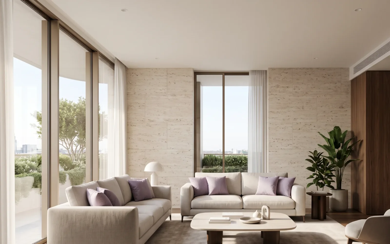 Show flat living room render with travertine wall, walnut joinery and floor-to-ceiling windows