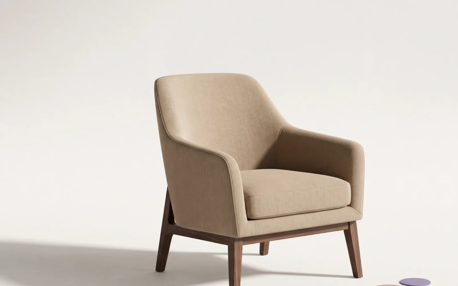 Armchair product render with fabric and wood finish swatches