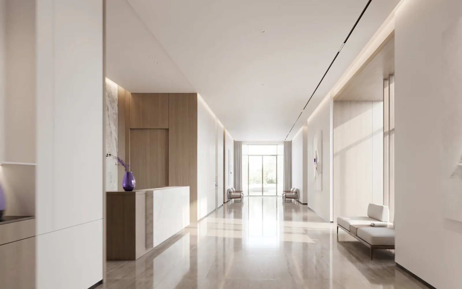Frame from a walkthrough film moving down a bright residential lobby corridor