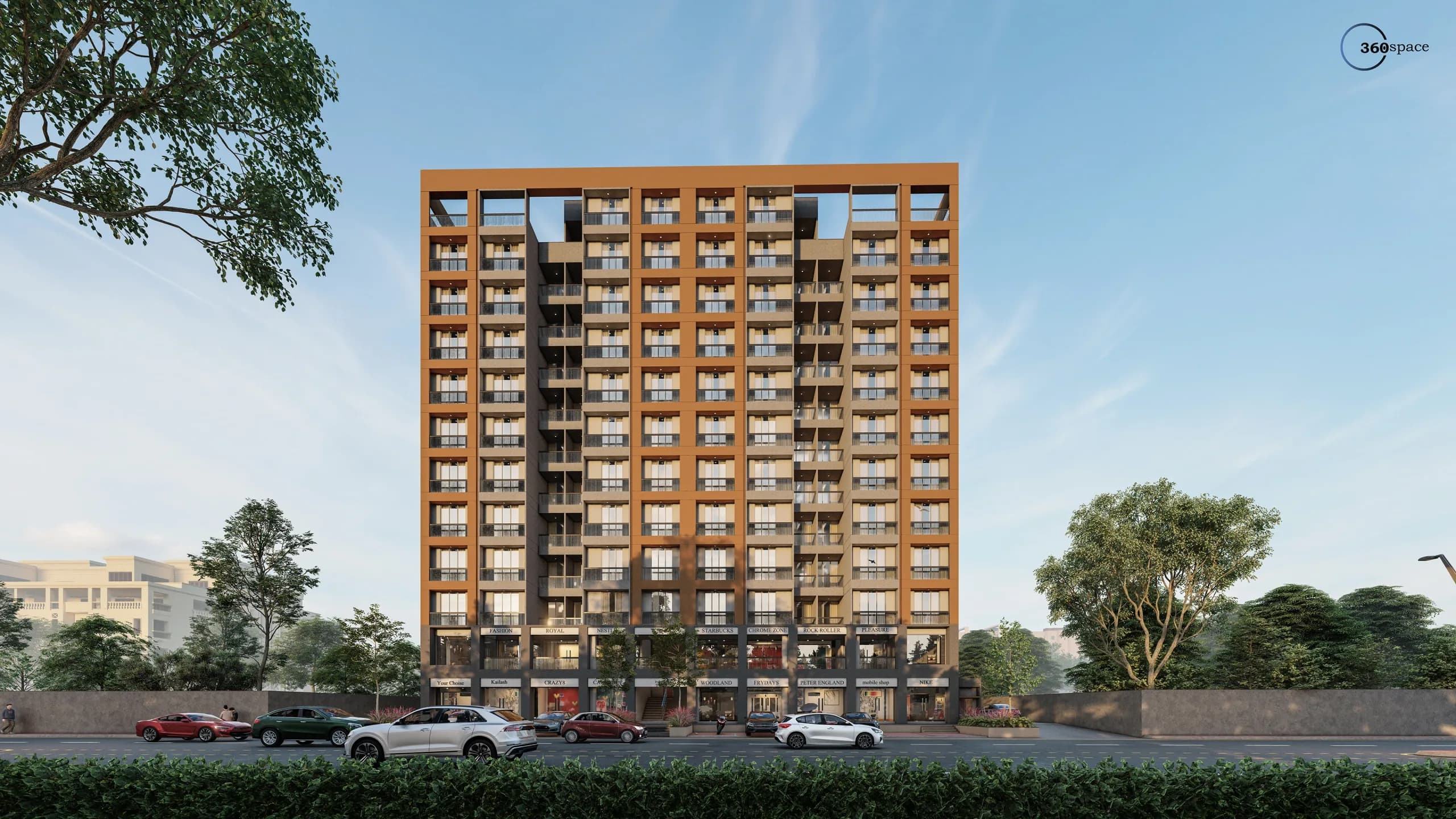 Residential tower at dusk, exterior rendering by 360 Space
