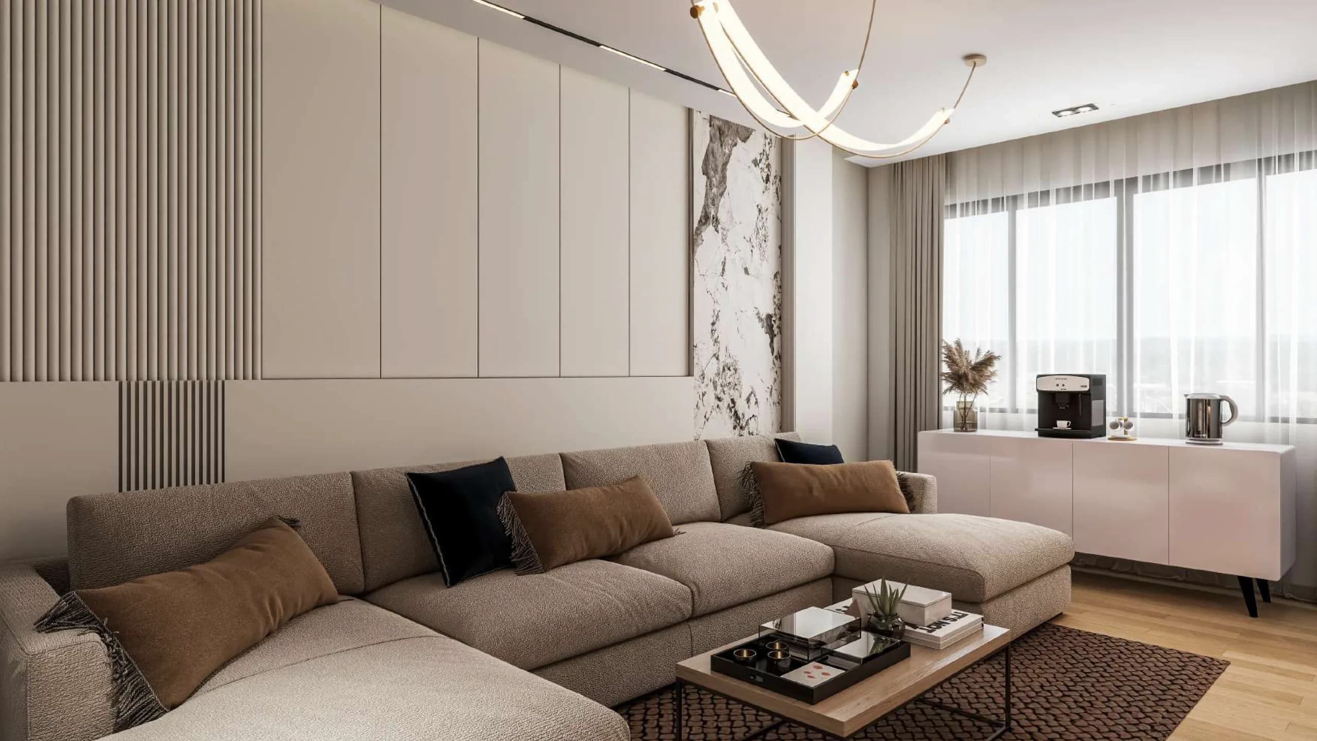 Calm modern living room, interior visualization by 360 Space