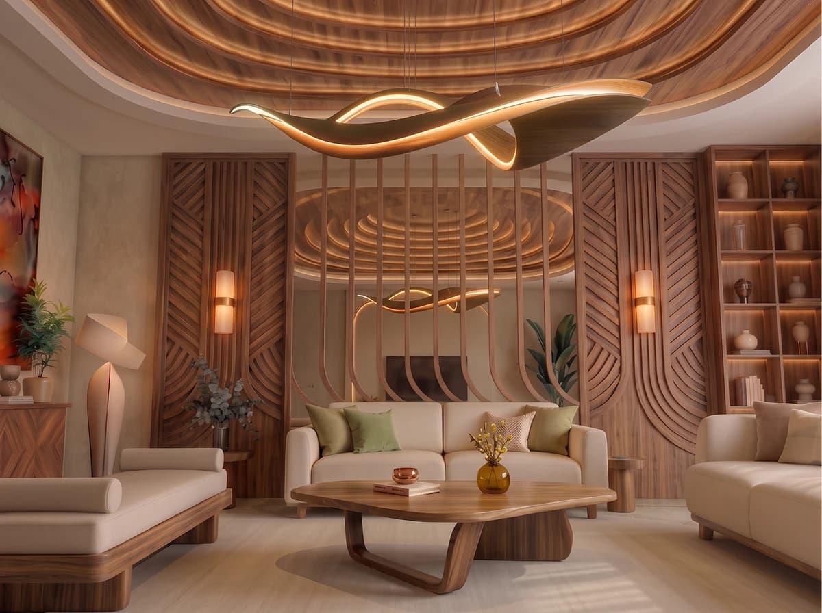 RelWood carved partition and ceiling installed in a living room