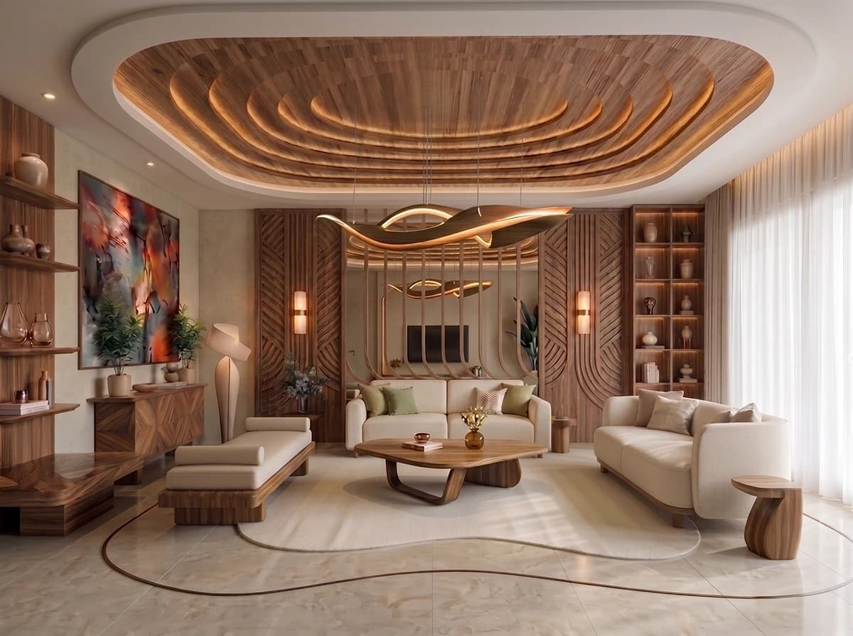 Sculpted timber ceiling and carved wall panels in a living room, RelWood rendering by 360 Space