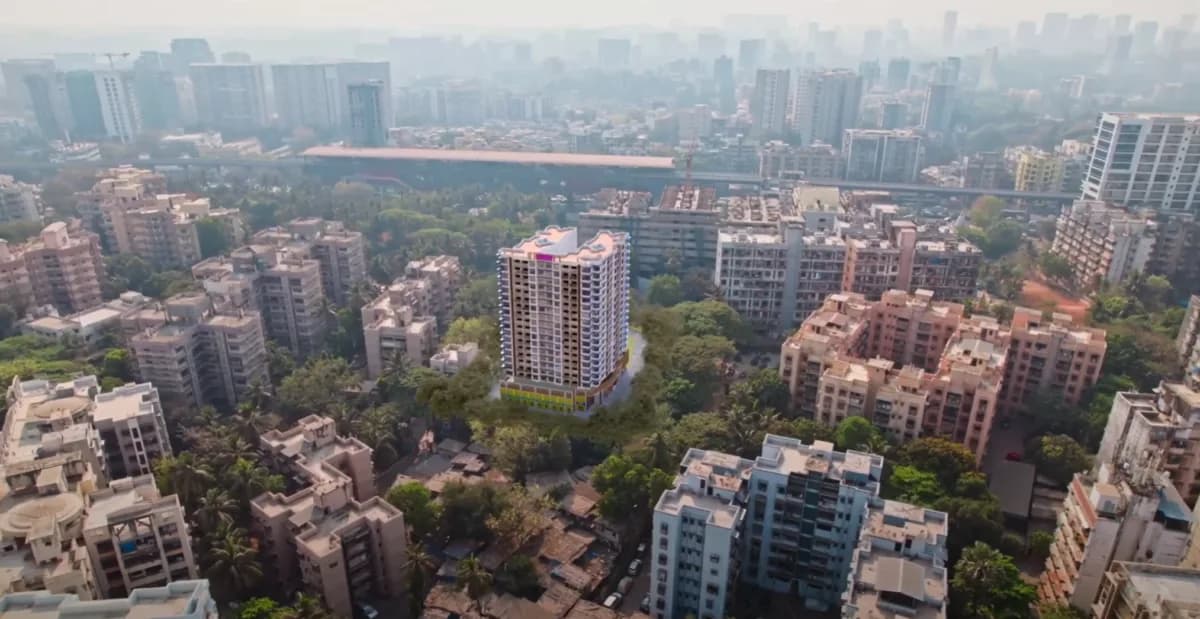 Proposed residential tower placed into real drone footage of its neighbourhood, aerial view by 360 Space