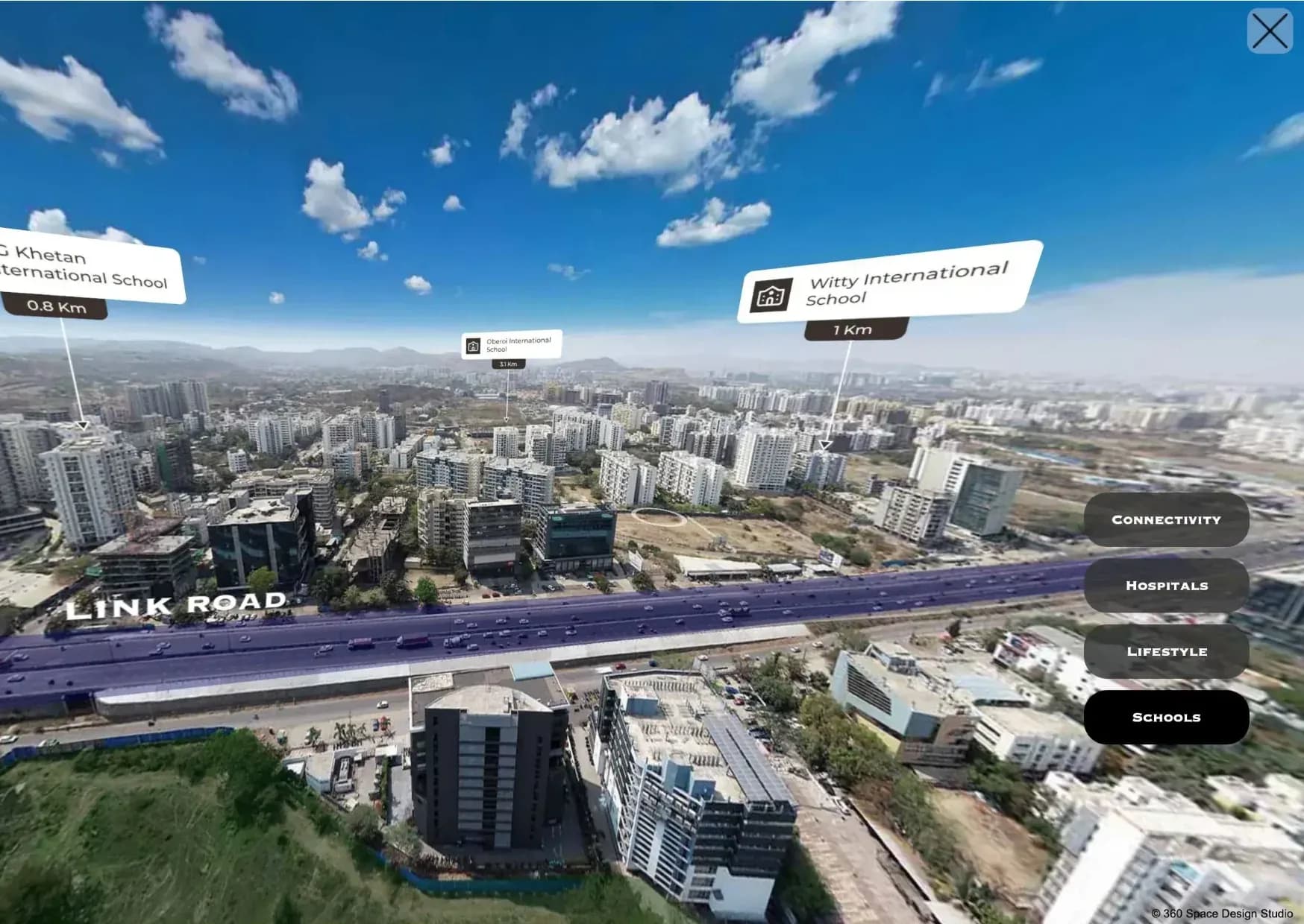 Aerial panorama with school labels, distances and category buttons