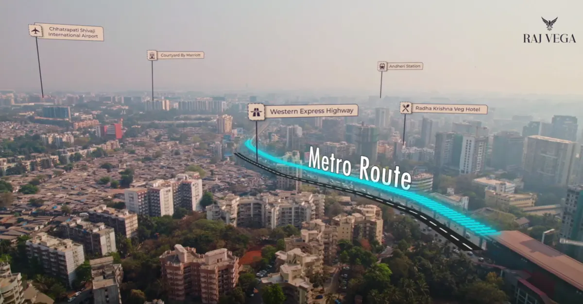 Drone footage with a metro route line and landmark labels tracked on it