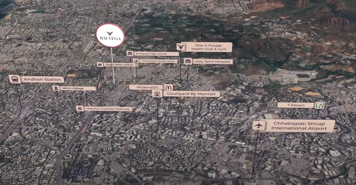 Animated aerial map with landmarks labelled around a project