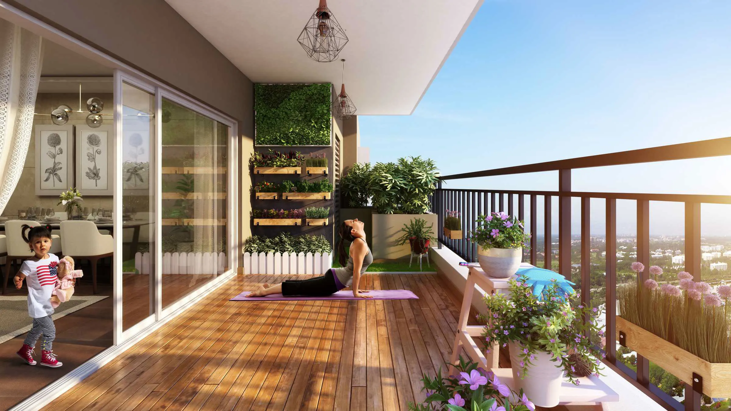 Residents using a landscaped yoga deck, an amenity shown in the ImmersiView amenities experience