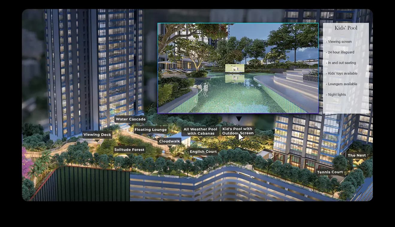 ImmersiView interactive master plan with amenities labelled and a pool in detail
