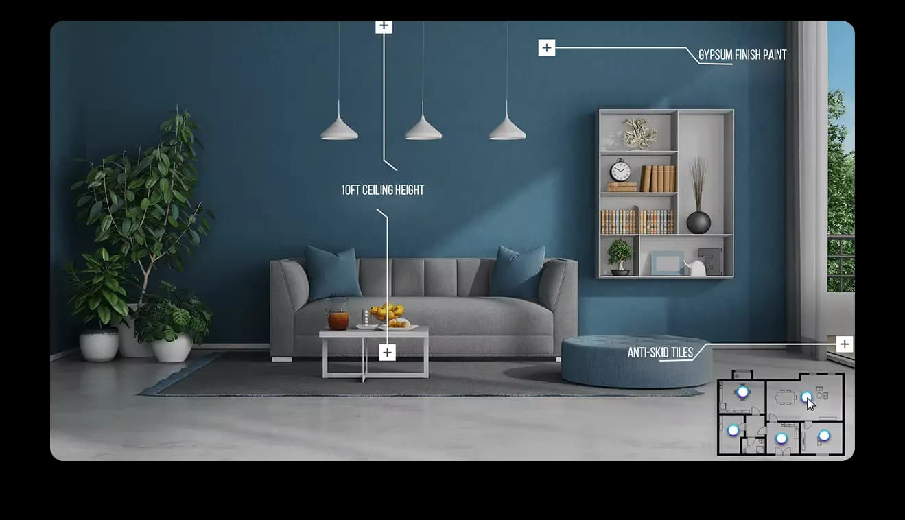 ImmersiView interior with hotspots naming finishes and ceiling height