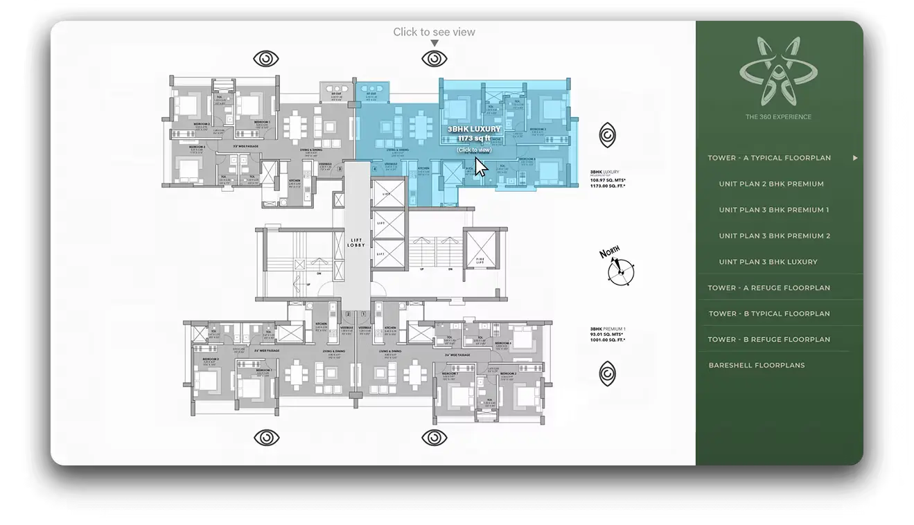 ImmersiView interactive floor plan with unit plans listed by tower
