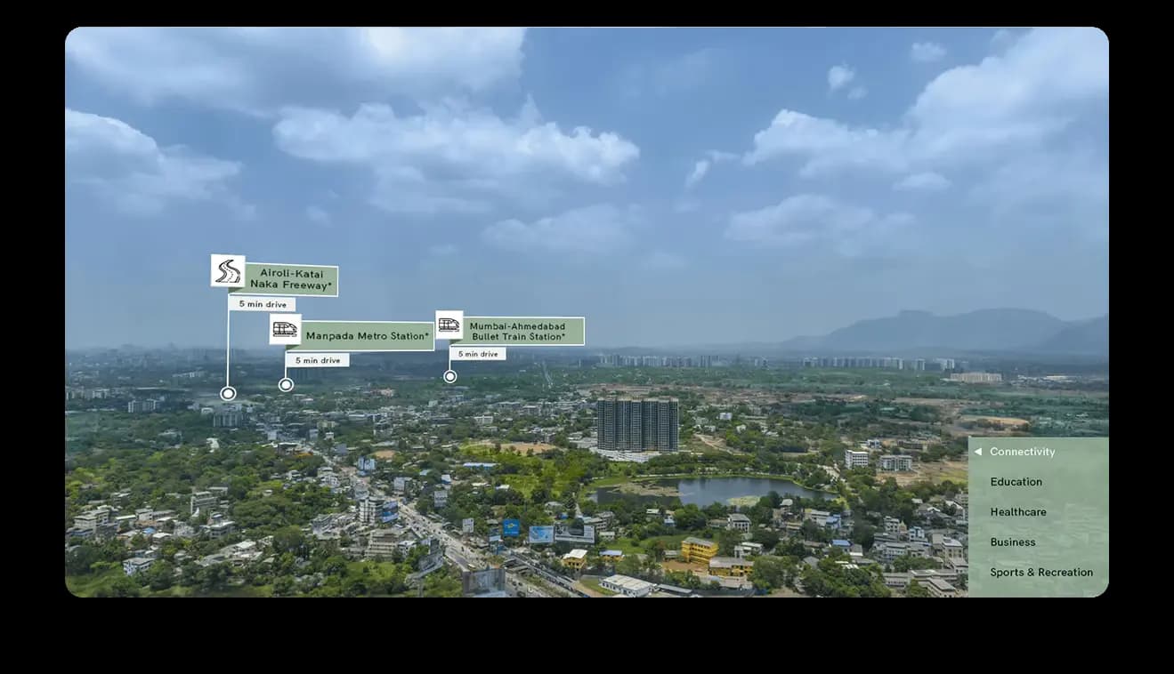 ImmersiView aerial location view with connectivity, education and healthcare points and travel times