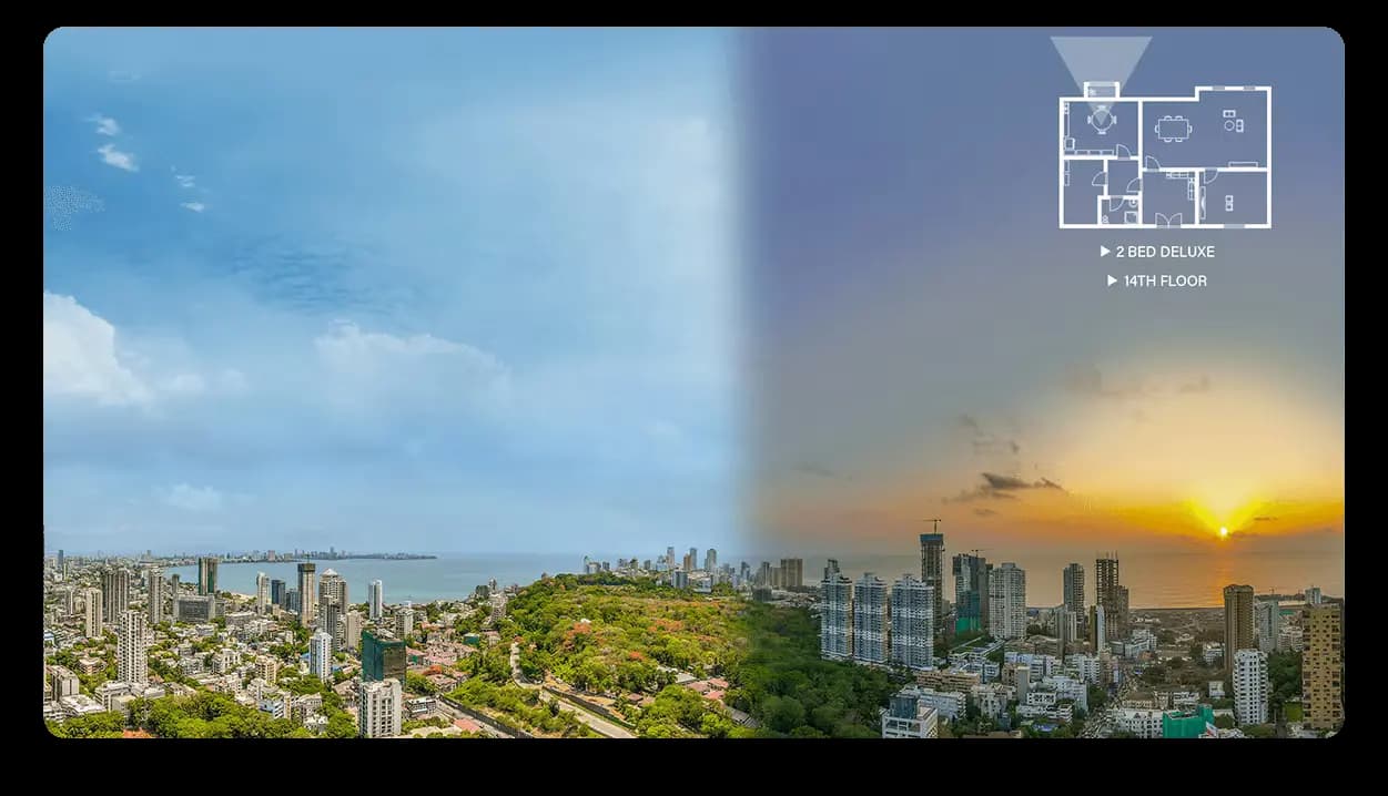 ImmersiView panoramic view from a unit, day to sunset, with the unit plan and floor shown