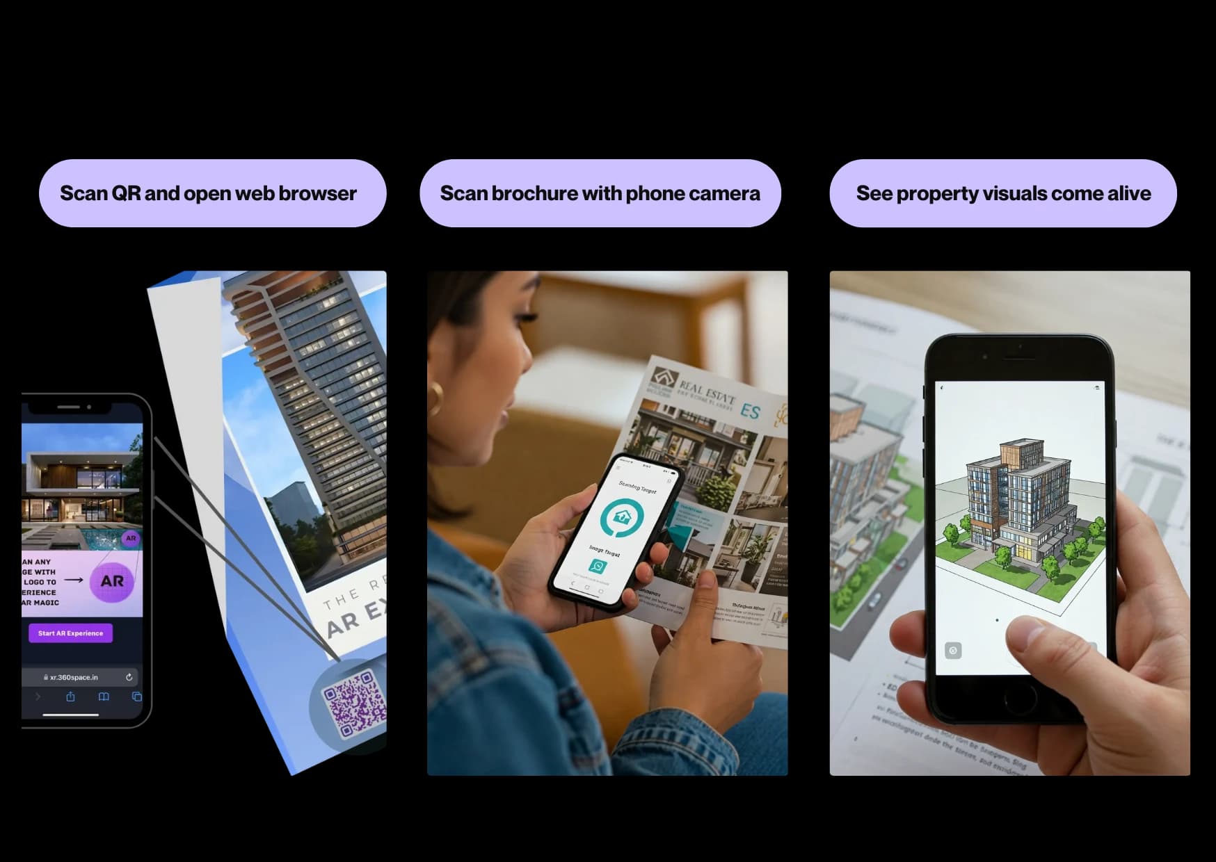A 3D building appearing over a printed brochure in AR